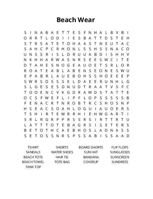 Beach Wear Word Search Puzzle