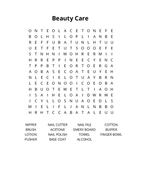 Beauty Care Crossword Puzzle