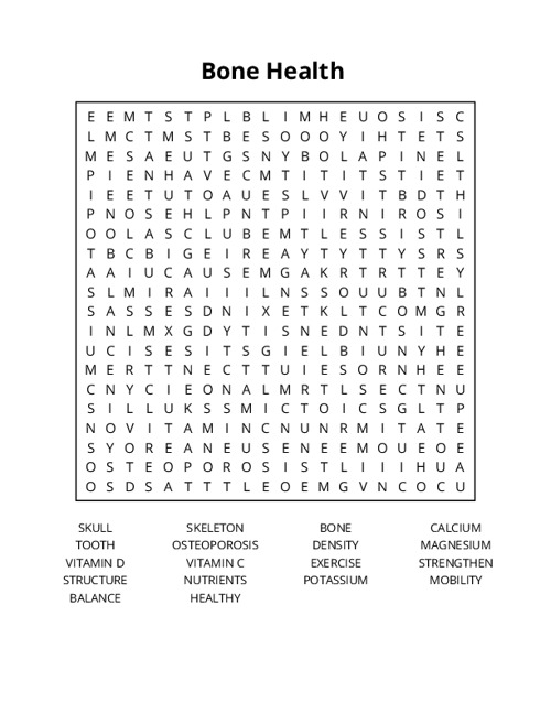 Bone Health Word Search Puzzle