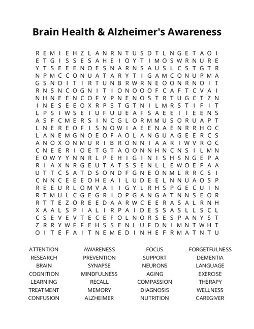 Brain Health & Alzheimers Awareness Crossword Puzzle