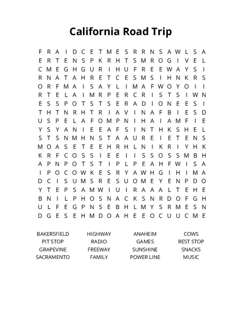 California Road Trip Crossword Puzzle