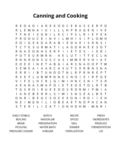 Canning and Cooking Word Search Puzzle
