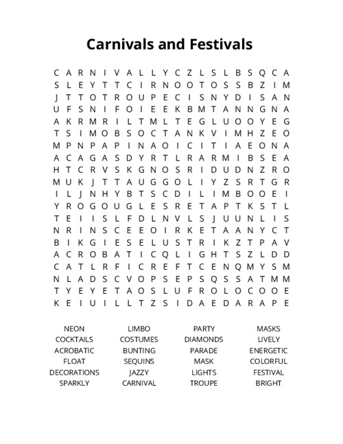 Carnivals and Festivals Word Search Puzzle