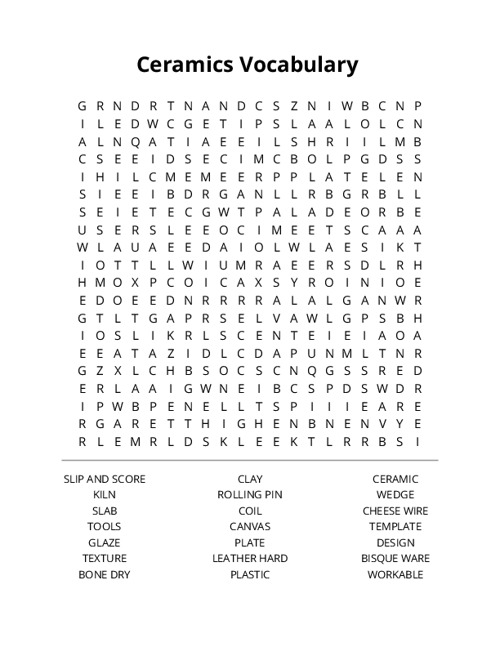 Ceramics Vocabulary Word Search Puzzle