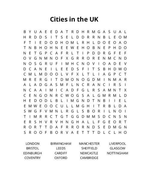 Cities in the UK Word Search Puzzle