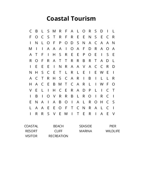Coastal Tourism Word Search Puzzle