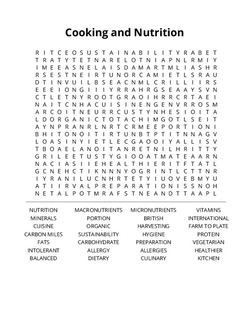 Cooking and Nutrition Crossword Puzzle