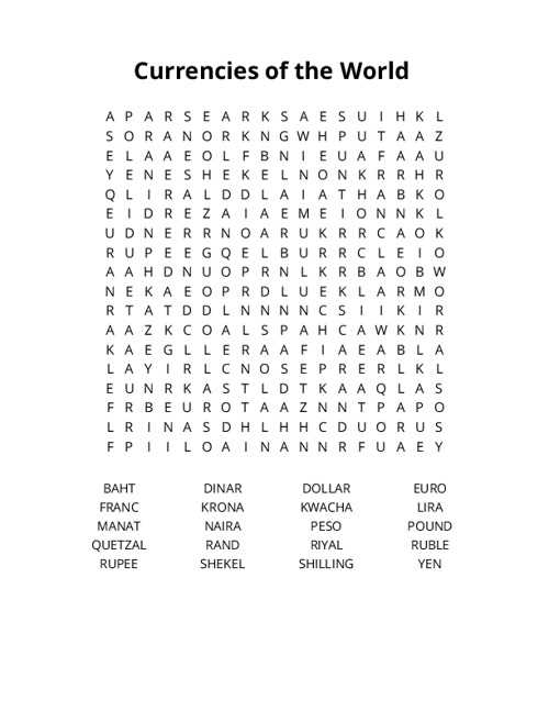 Currencies of the World  Word Search Puzzle