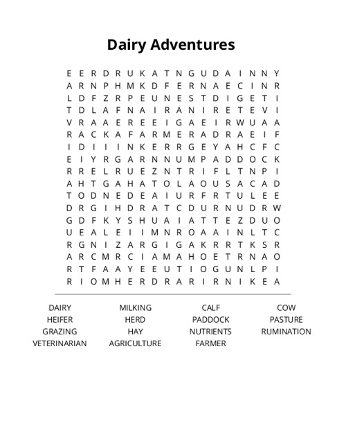 Dairy Adventures Crossword Puzzle