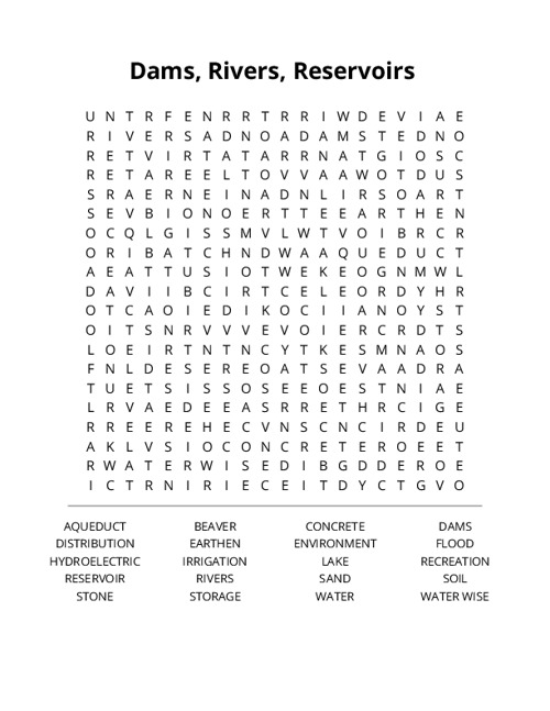Dams, Rivers, Reservoirs Crossword Puzzle