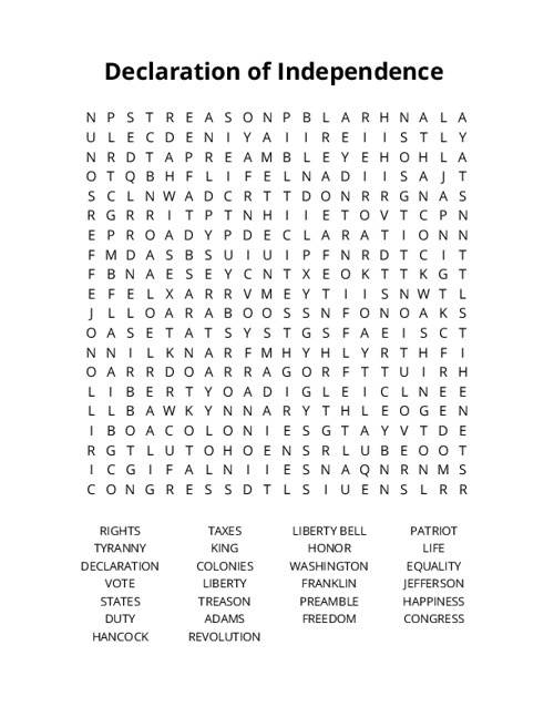 Declaration of Independence Crossword Puzzle