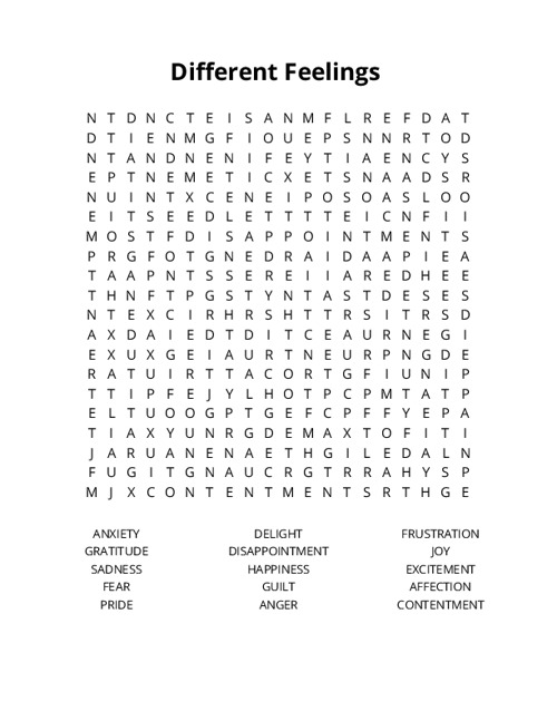 Different Feelings Word Search Puzzle