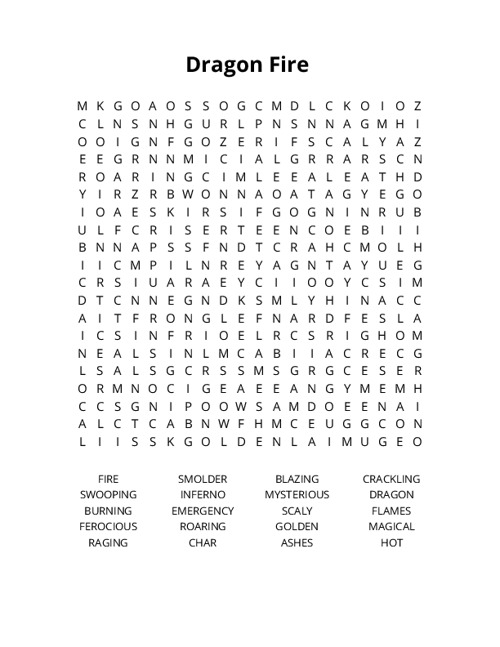 Dragon Fire Word Search Puzzle