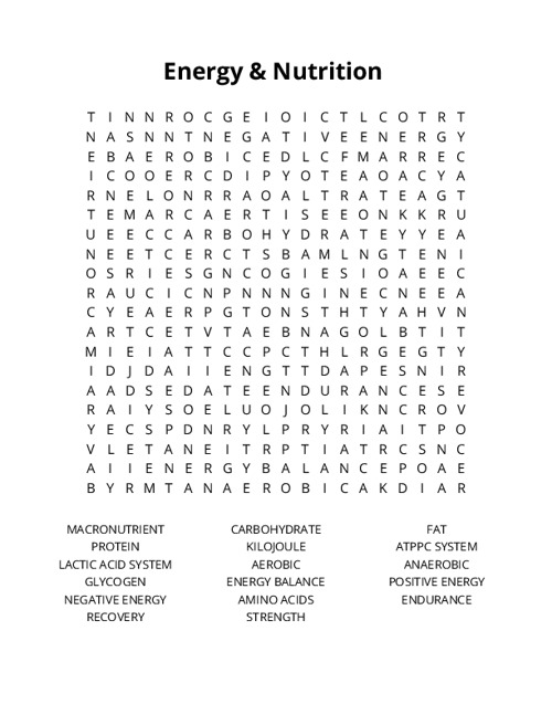 Energy & Nutrition Word Search Puzzle