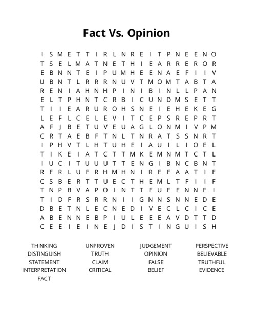 Fact Vs. Opinion Crossword Puzzle
