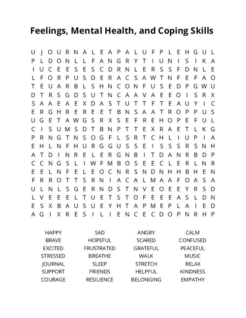 Feelings, Mental Health, and Coping Skills Crossword Puzzle