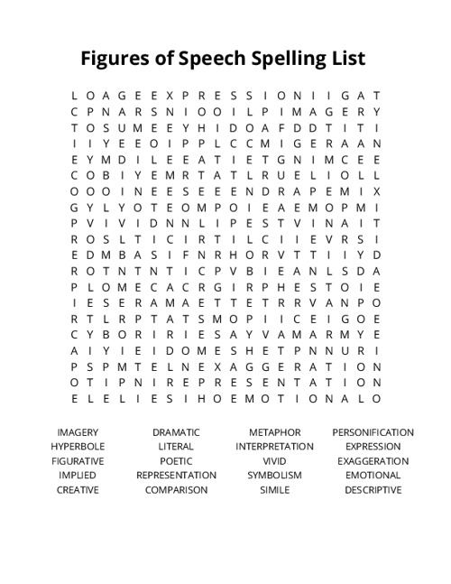 Figures of Speech Spelling List Word Search Puzzle
