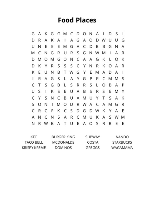 Food Places Crossword Puzzle