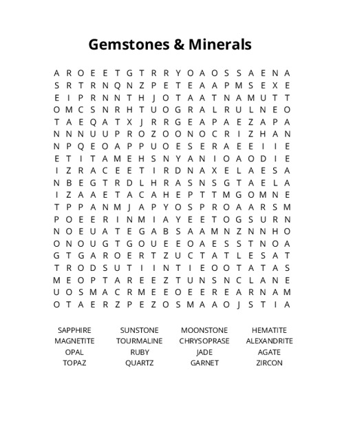 Gemstones & Minerals Word Search Puzzle