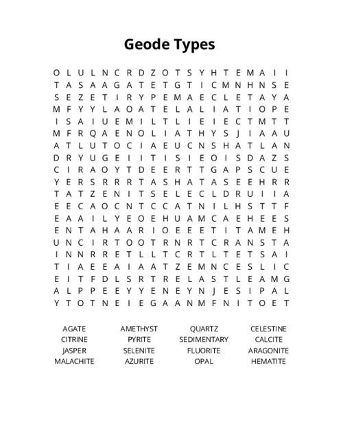 Geode Types Word Search Puzzle