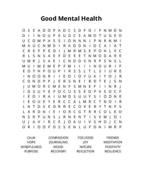 Good Mental Health Word Search Puzzle