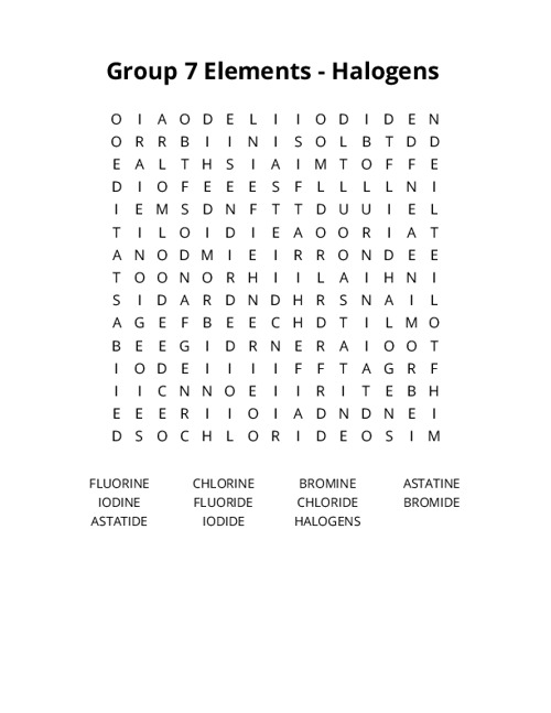 Group 7 Elements - Halogens Word Search Puzzle