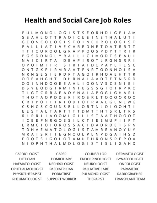 Health and Social Care Job Roles Word Search Puzzle
