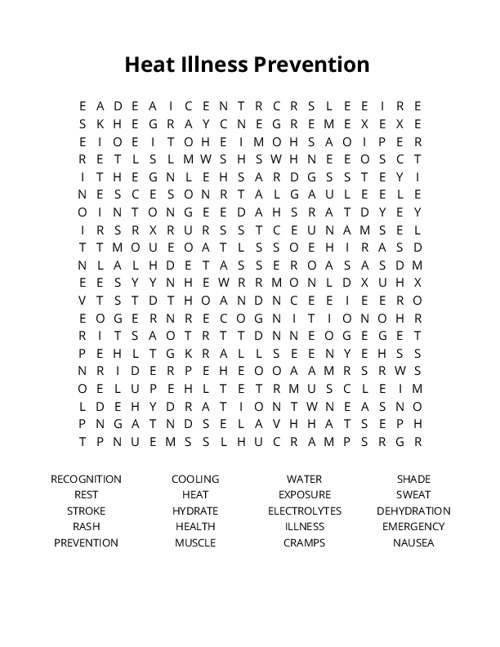 Heat Illness Prevention Crossword Puzzle