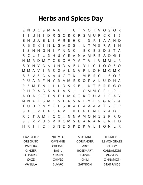 Herbs and Spices Day Word Search Puzzle
