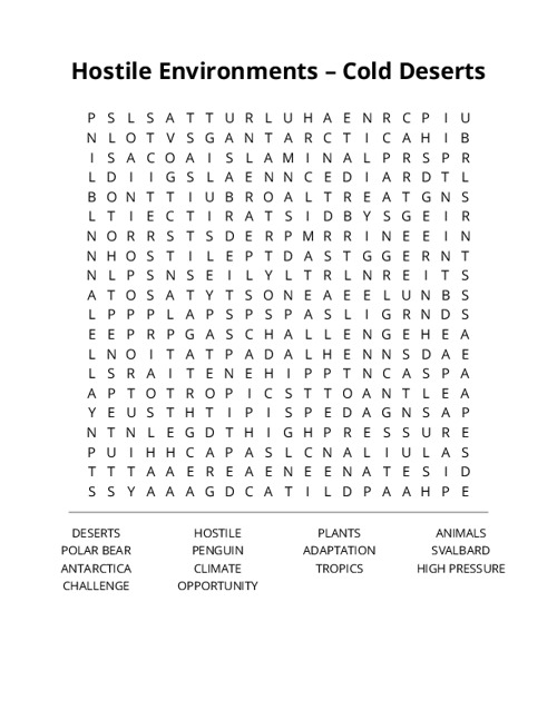 Hostile Environments – Cold Deserts Crossword Puzzle