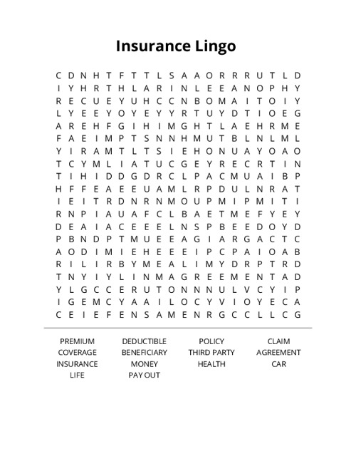 Insurance Lingo Word Search Puzzle