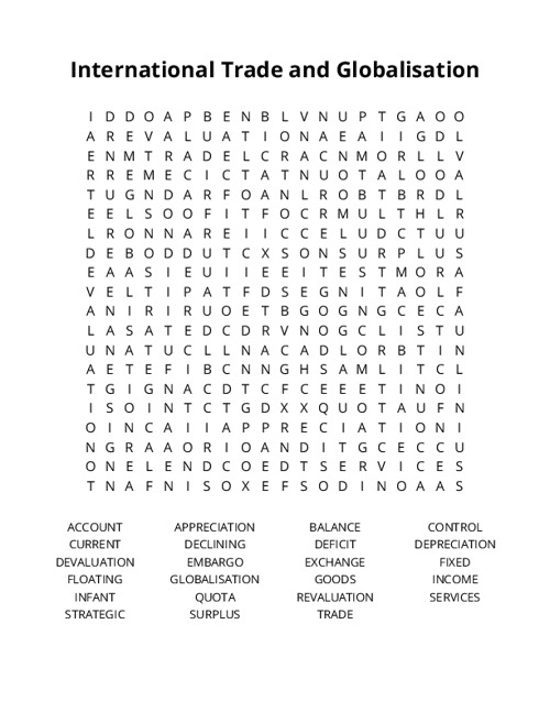 International Trade and Globalisation Word Search Puzzle