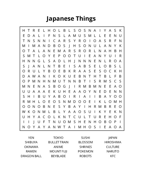 Japanese Things  Word Search Puzzle