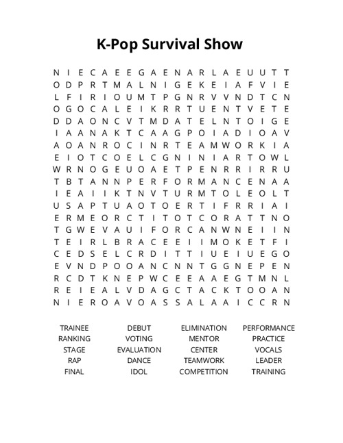 K-Pop Survival Show Word Search Puzzle