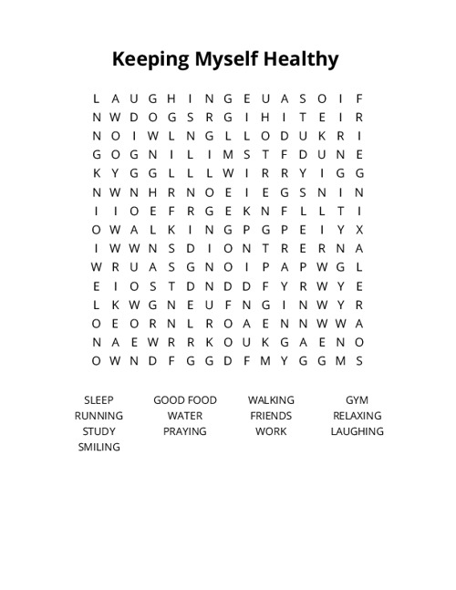 Keeping Myself Healthy Crossword Puzzle