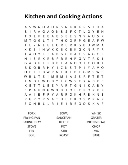 Kitchen and Cooking Actions Word Search Puzzle