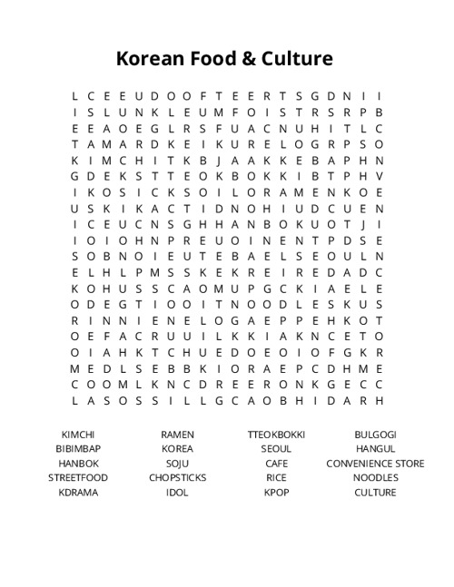 Korean Food & Culture Word Search Puzzle