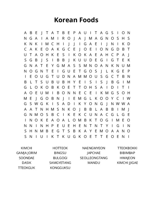 Korean Foods Word Search Puzzle