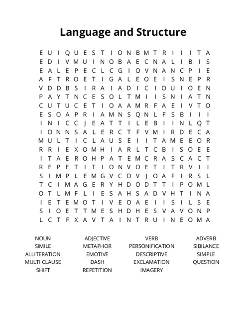 Language and Structure  Word Search Puzzle