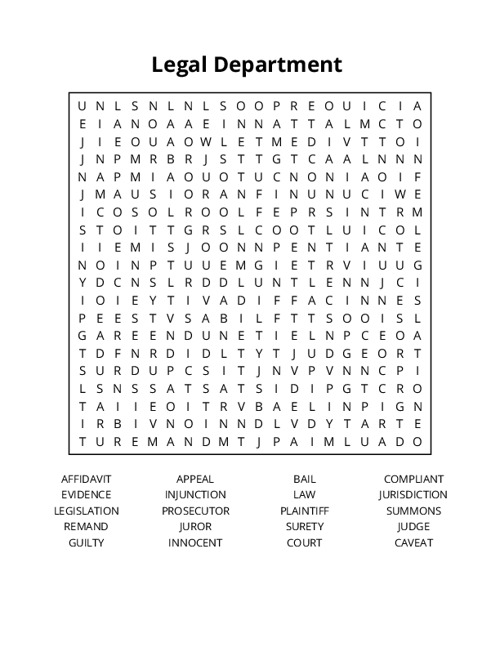 Legal Department Word Search Puzzle