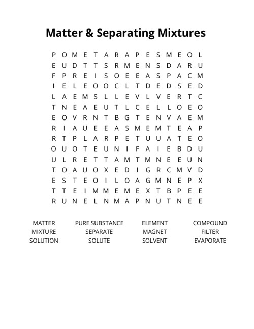 Matter & Separating Mixtures Word Search Puzzle