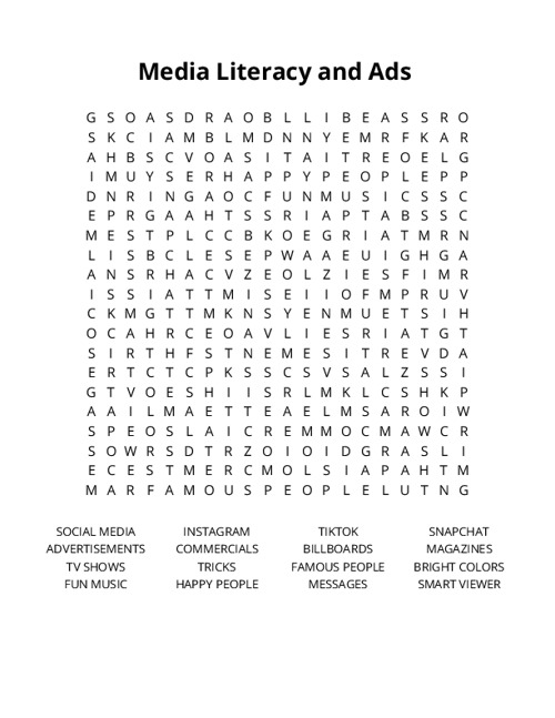 Media Literacy and Ads Word Search Puzzle
