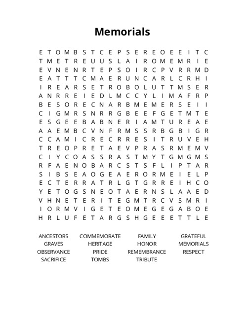 Memorials Crossword Puzzle