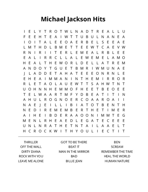 Michael Jackson Hits Crossword Puzzle