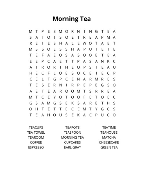 Morning Tea Word Search Puzzle