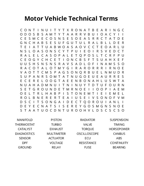Motor Vehicle Technical Terms Word Search Puzzle