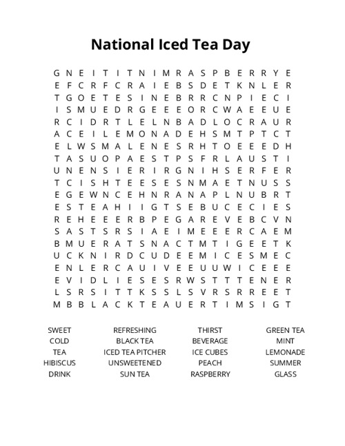 National Iced Tea Day Word Search Puzzle