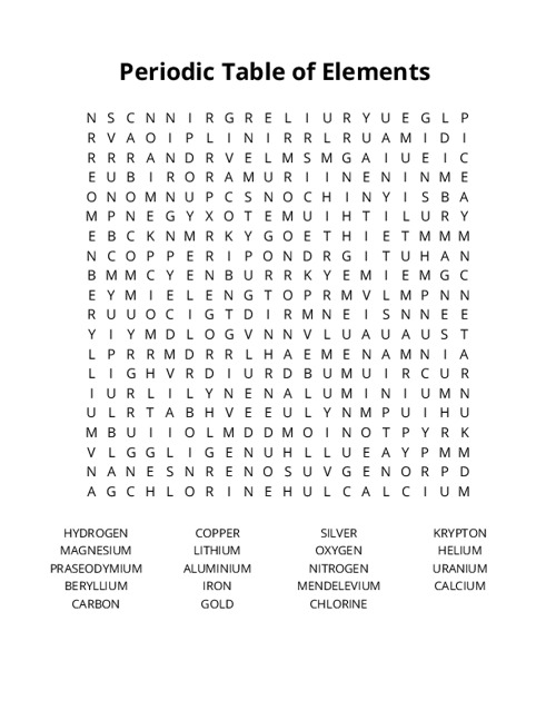 Periodic Table of Elements Crossword Puzzle