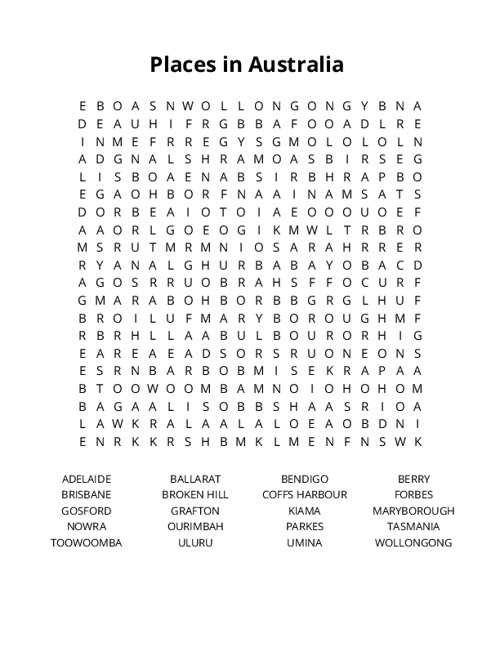 Places in Australia Crossword Puzzle