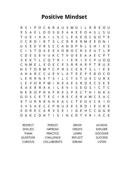 Positive Mindset Crossword Puzzle